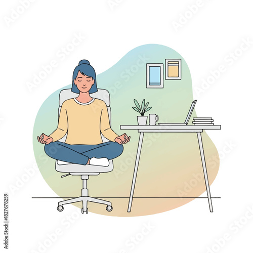 Young woman practicing mindfulness meditation at her desk to reduce stress and improve focus in a modern office