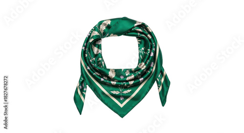 Foto Isolated elegant green silk scarf, fashion accessory with botanical print and bo