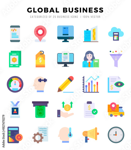 Set of simple Flat Global Business Icons. Flat art icons pack. Vector illustration.