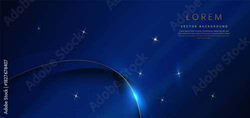 Elegant Dark Blue Abstract Background with Golden Curved Lines and Sparkling Stars”