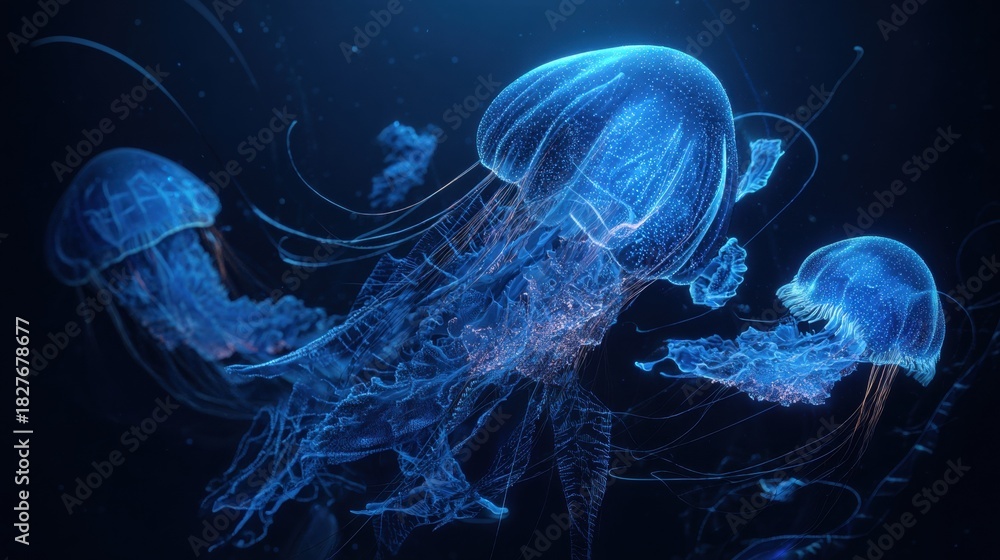 Obraz premium Colorful jellyfish swimming gracefully in the deep ocean under soft blue light