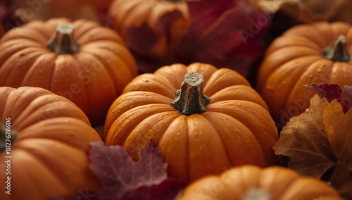 Displaying ribbed orange pumpkin sitting on tabletop, with woody stem, water droplets, dried leaves