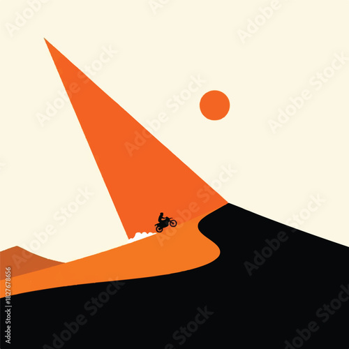 Dynamic desert motorbike adventure illustration capturing a daring rider ascending a steep dune under a vibrant sun, set against a stark, stylized landscape