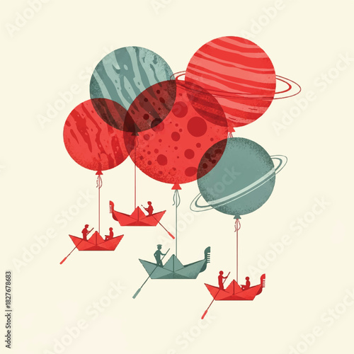A surreal illustration of a flotilla of boats on a celestial voyage, lifted into the aether by colorful planetary balloons