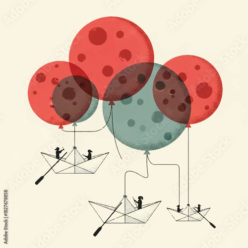 Whimsical hot air balloon illustration depicting tiny figures rowing boats suspended beneath large red and teal balloons against a soft cream background, evoking a sense of wonder and adventure