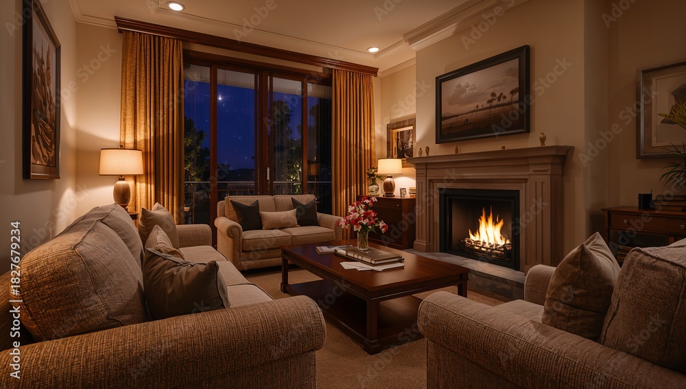 Fototapeta premium Showcasing cozy living room interior arranged at night, with three sofas, coffee table, fireplace