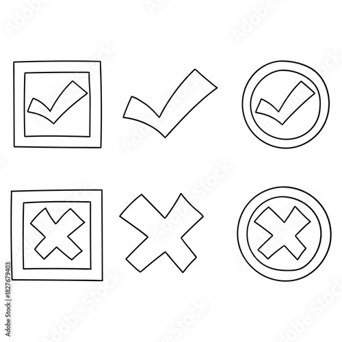 Hand-drawn doodle set of check marks and crosses on a white background.
