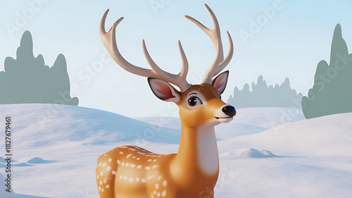 Cute Cartoon Deer Standing in Winter Snowy Landscape — 3D Illustration