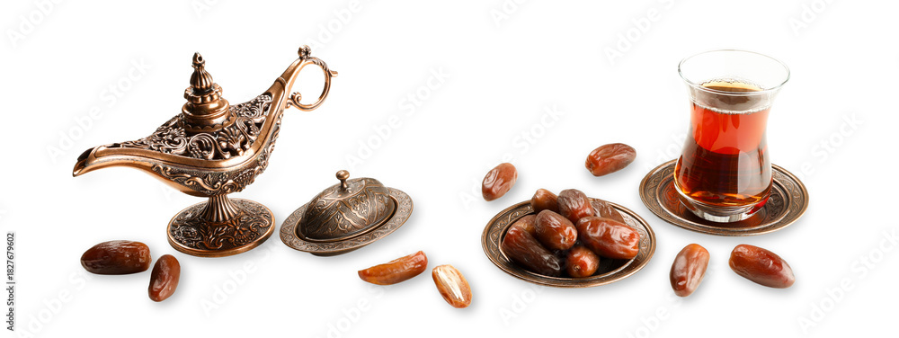 Obraz premium Dates and tea served together for Ramadan festivities, isolated, PNG
