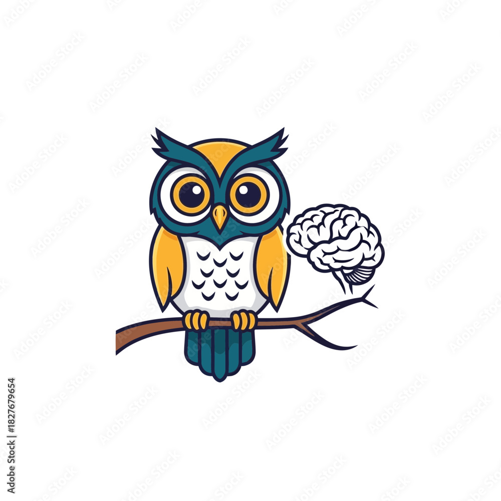 Fototapeta premium Wise Owl with Brain Illustration Mascot for Education Concept