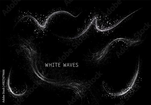 Isolated design component, set of white wavy shapes made of shiny tinsel.