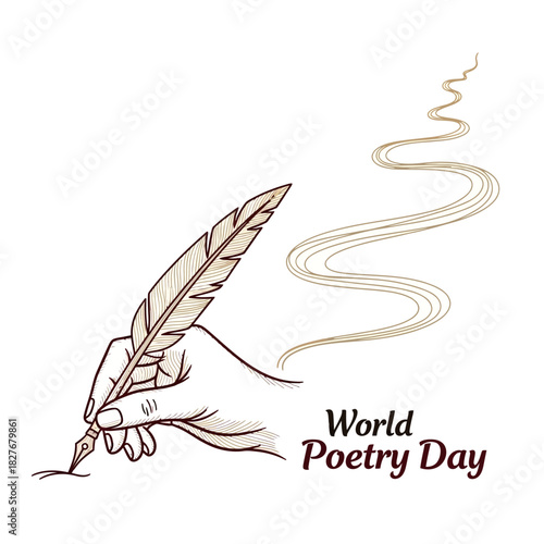 World Poetry Day Hand Holding Quill Vintage Illustration Art