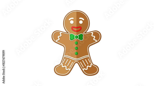 Charming holiday gingerbread man cookie illustration with a festive green bow tie, perfect for winter season promotions and delicious treat designs