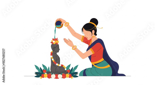 Woman in traditional dress pours water over Buddha statue during Vesak celebration, symbolizing spiritual cleansing and renewal during the festival