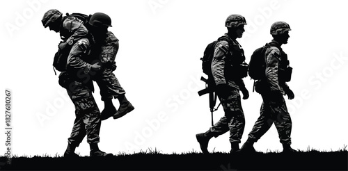 Silhouette of soldiers helping each other, one carrying the other on his back, and two soldiers walking isolated on white background