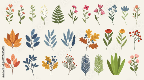 Botanical vector collection with various plants, flowers, and leaves for decorative design elements, perfect for adding a touch of nature to your projects