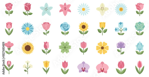 Collection of colorful flower icons isolated on white background, showcasing a variety of floral designs for decoration and design elements
