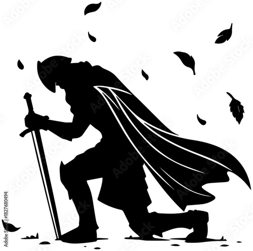 Knight Kneeling with Sword and Cape Silhouette – Vector Illustration