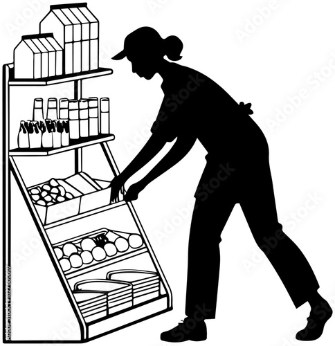 Retail Worker Organizing Store Shelves Silhouette – Vector Illustration