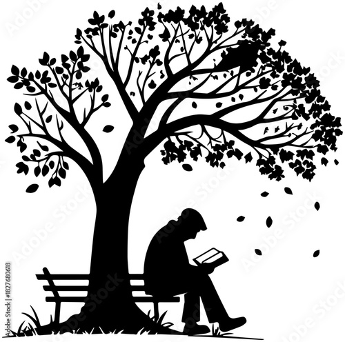 Person Reading on Bench Under Tree Silhouette – Vector Illustration