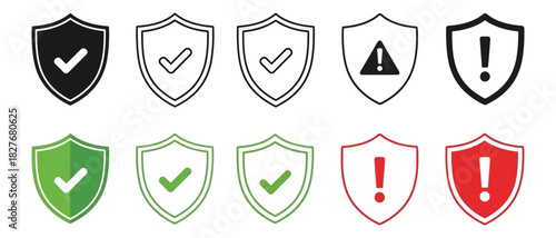 Collection of shield icons representing security, protection, and warning signs, isolated on white background includes checkmarks, exclamation points, and warning symbols