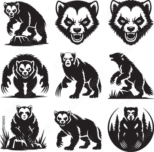 Collection of Fierce Wolverine Mascot Vector Illustrations in Black and White