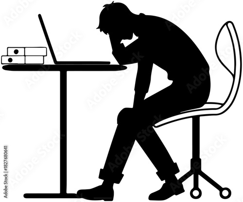 Stressed Person Sitting at Desk with Laptop – Vector Illustration