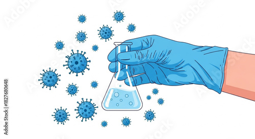 Scientist in blue gloves holds beaker with virus research, symbolizing hope for a cure and scientific advancement against global health threats