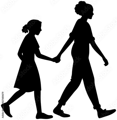 Adult and Child Walking Hand in Hand Silhouette – Vector Illustration