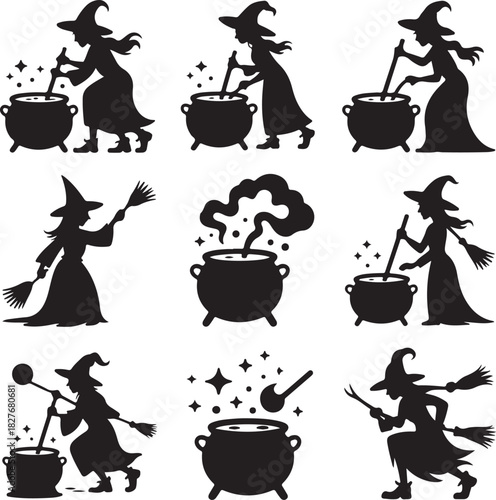 Collection of Halloween witches silhouettes brewing potions in cauldrons vector illustration