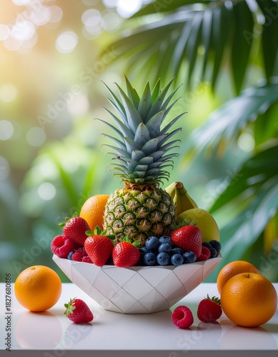 Corbeille en céramique de style origami contenant une abondance de fruits. Generated Image. 