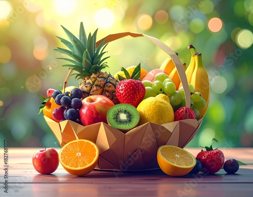 Corbeille de fruits origami contenant des fruits en abondance. Generated Image. 