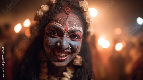 Smiling woman with elaborate ceremonial makeup and traditional jewelry against a blurred background of warm lights