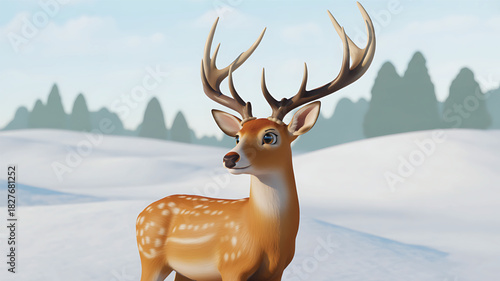 Cute Cartoon Deer Standing in Winter Snowy Landscape — 3D Illustration