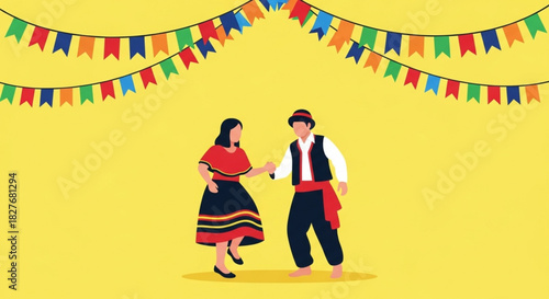 Joyful couple dancing at a vibrant cultural festival with colorful flags, celebrating heritage and traditions with enthusiasm and flair on yellow background