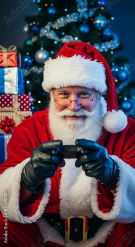 Person in red Santa suit with white beard and glasses holding controller, playing game. Gifts, Christmas tree in background, holiday season