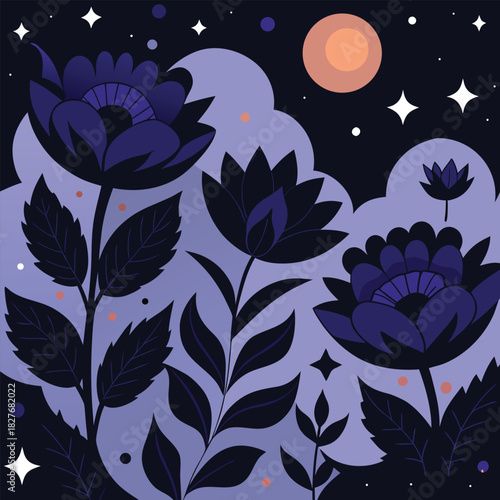 Surreal moonlight flower pattern with luminous dots