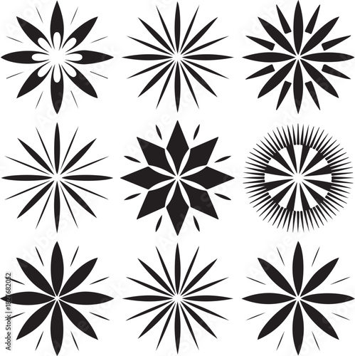 Collection of nine black and white abstract starburst design elements