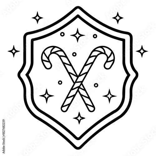 Christmas candy cane shield badge with sparkles in black and white line art