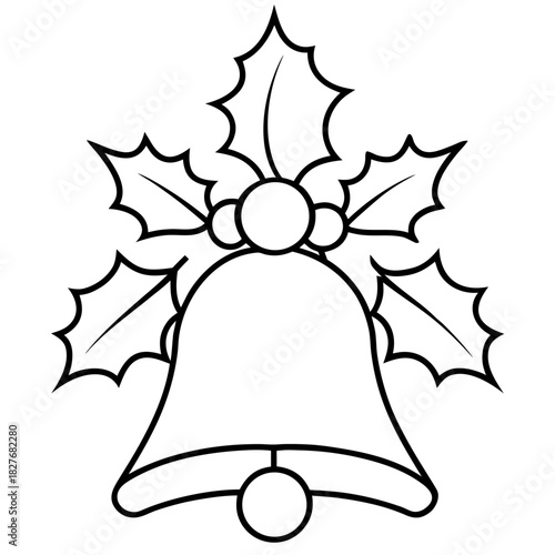 Christmas bell with holly leaves drawing in black and white for holidays