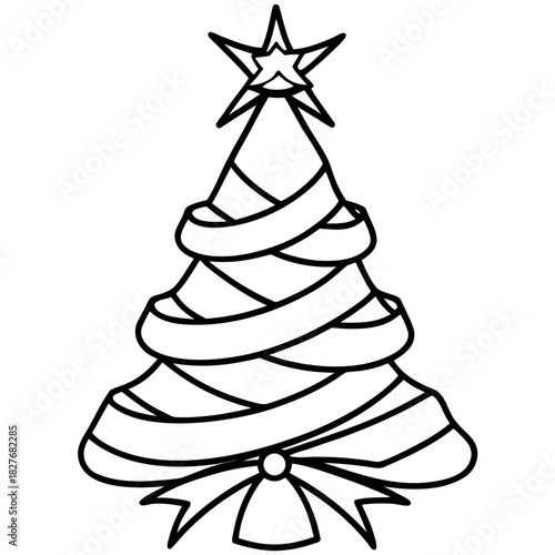 Christmas Tree Outline with Star and Ribbon Design for Coloring Books and Decorations