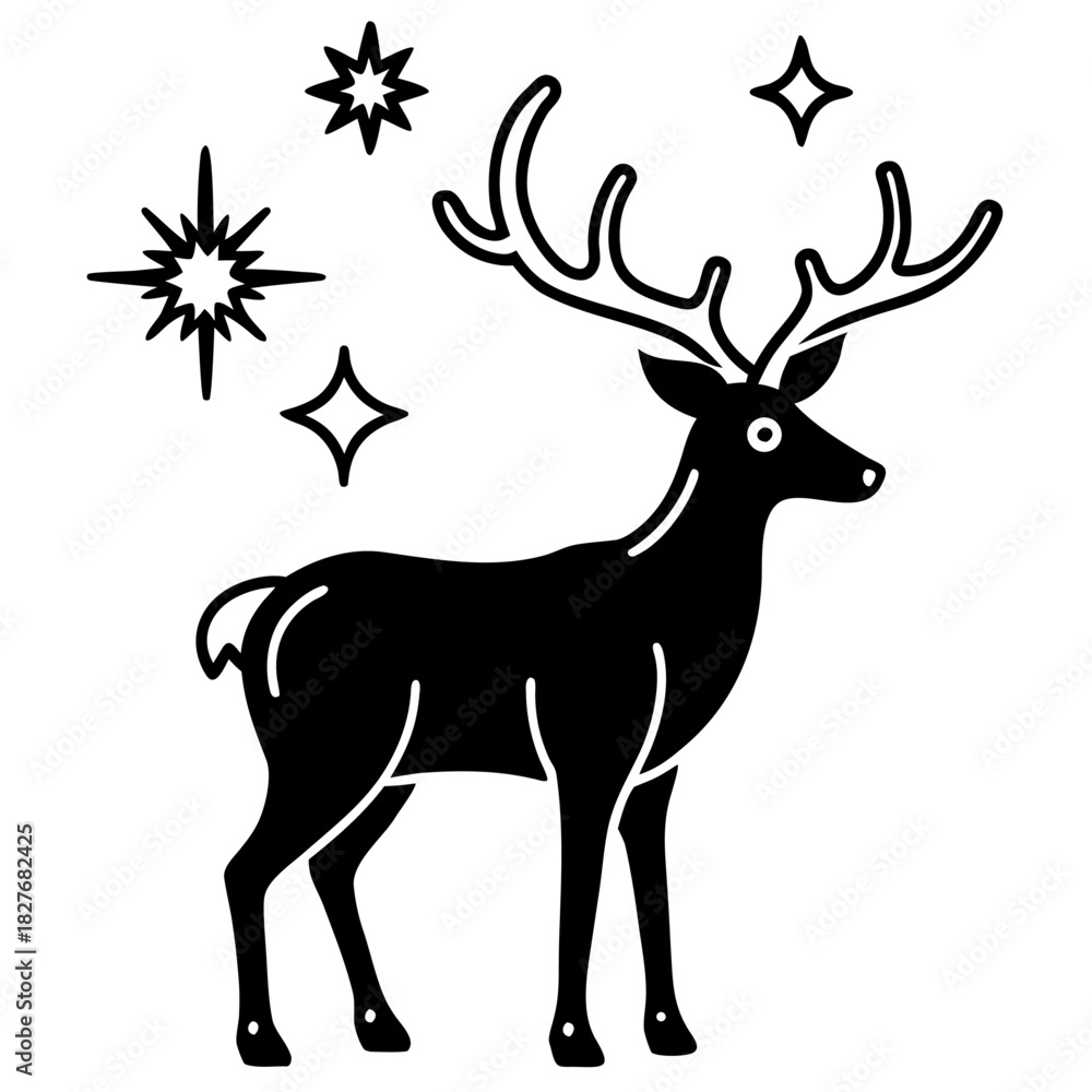 Fototapeta premium Elegant reindeer silhouette design with sparkling stars on a plain white background