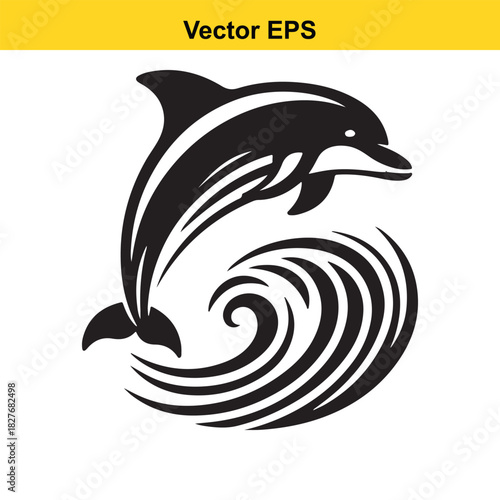 Black and white vector graphic of a dolphin jumping over a stylized ocean wave