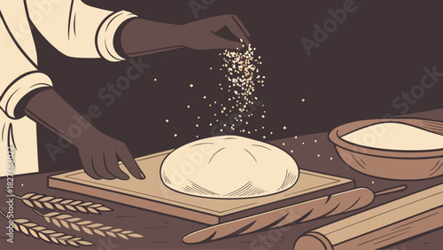 Baker adding flour to dough on a wooden board