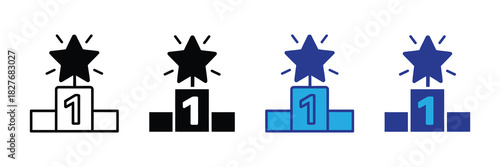Set of four podium icons for first place winner with a star, illustrating victory, achievement, and competition in various styles