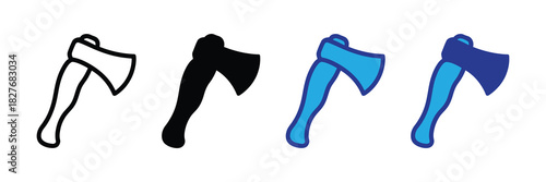 Vector illustration of an axe in four distinct styles: outline, silhouette, blue filled, and dark blue filled, isolated on a white background.