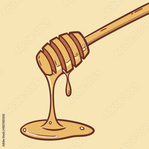 Wooden honey dipper dripping honey illustration on light background