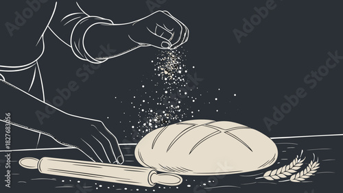 Artistic illustration of a baker's hands sprinkling flour on a dough