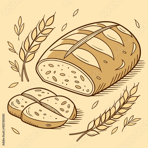 Freshly baked bread with wheat ears, warm and inviting illustration