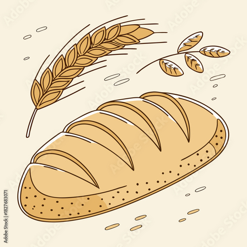 Freshly baked bread with wheat and cereal plants illustration